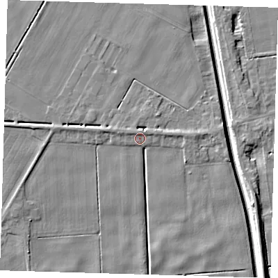 Shaded relief map of the ground around PE134JP, computed from Environment Agency LiDAR. The ground here sits at about 2 m above sea level and falls 6 m across the surrounding 800 m. Surface water reaching this point runs off ground lying to the north-north-west, 1.4 m higher.
