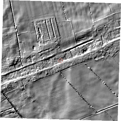 Shaded relief map of the ground around PE134JQ, computed from Environment Agency LiDAR. The ground here sits at about 1 m above sea level and falls 5 m across the surrounding 800 m. Surface water reaching this point runs off ground lying to the east-north-east, 4.2 m higher.
