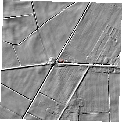 Shaded relief map of the ground around PE134JR, computed from Environment Agency LiDAR. The ground here sits at about 2 m above sea level and falls 4 m across the surrounding 800 m. Surface water reaching this point runs off ground lying to the south-south-east, 3.2 m higher.