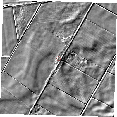 Shaded relief map of the ground around PE134JS, computed from Environment Agency LiDAR. The ground here sits at about 2 m above sea level and falls 3 m across the surrounding 800 m. Surface water reaching this point runs off ground lying to the south-east, 1.4 m higher.