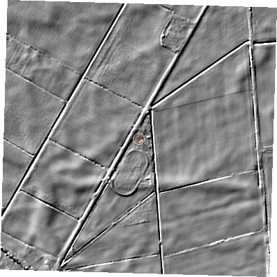 Shaded relief map of the ground around PE134JT, computed from Environment Agency LiDAR. The ground here sits at about 1 m above sea level and falls 3 m across the surrounding 800 m. Surface water reaching this point runs off ground lying to the south-west, 2.2 m higher.