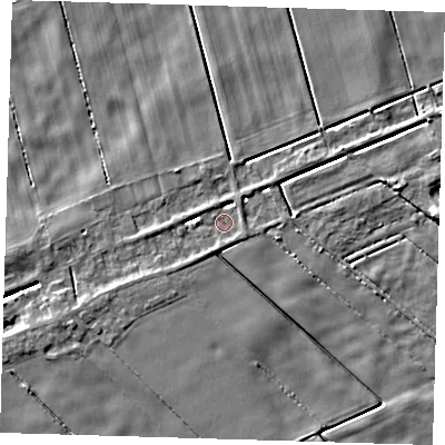 Shaded relief map of the ground around PE134JU, computed from Environment Agency LiDAR. The ground here sits at about 1 m above sea level and falls 5 m across the surrounding 800 m. Surface water reaching this point runs off ground lying to the west-south-west, 3.8 m higher.