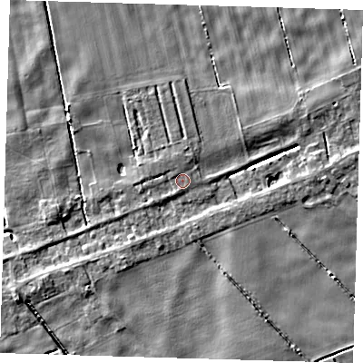 Shaded relief map of the ground around PE134JW, computed from Environment Agency LiDAR. The ground here sits at about 2 m above sea level and falls 5 m across the surrounding 800 m. Surface water reaching this point runs off ground lying to the north, 1.5 m higher.