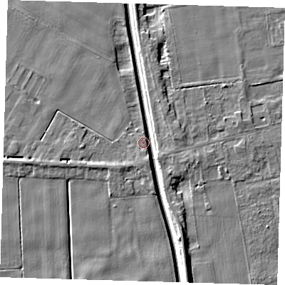 Shaded relief map of the ground around PE134JX, computed from Environment Agency LiDAR. The ground here sits at about 2 m above sea level and falls 6 m across the surrounding 800 m. Surface water reaching this point runs off ground lying to the east-south-east, 5.1 m higher.