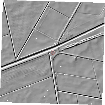 Shaded relief map of the ground around PE134JZ, computed from Environment Agency LiDAR. The ground here sits at about 1 m above sea level and falls 6 m across the surrounding 800 m. Surface water reaching this point runs off ground lying to the north-east, 1.0 m higher.