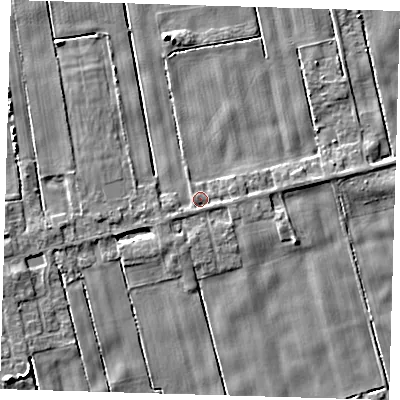 Shaded relief map of the ground around PE134LA, computed from Environment Agency LiDAR. The ground here sits at about 2 m above sea level and falls 5 m across the surrounding 800 m. Surface water reaching this point runs off ground lying to the south-west, 1.0 m higher.