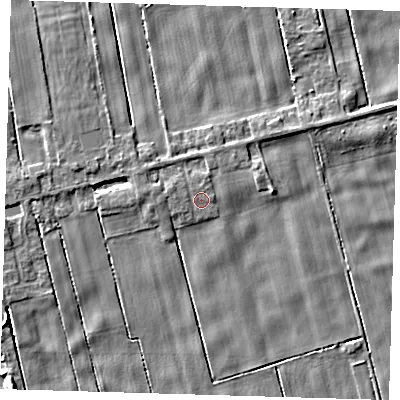 Shaded relief map of the ground around PE134LB, computed from Environment Agency LiDAR. The ground here sits at about 2 m above sea level and falls 4 m across the surrounding 800 m. Surface water reaching this point runs off ground lying to the west, 1.0 m higher.