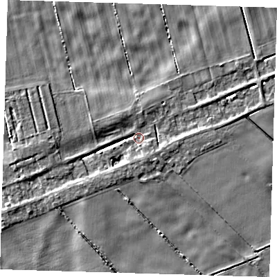 Shaded relief map of the ground around PE134LE, computed from Environment Agency LiDAR. The ground here sits at about 2 m above sea level and falls 5 m across the surrounding 800 m. Surface water reaching this point runs off ground lying to the south-south-east, 3.8 m higher.