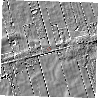 Shaded relief map of the ground around PE134LF, computed from Environment Agency LiDAR. The ground here sits at about 2 m above sea level and falls 5 m across the surrounding 800 m. Surface water reaching this point runs off ground lying to the north-west, 0.7 m higher.