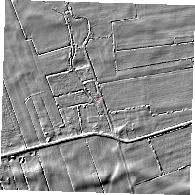 Shaded relief map of the ground around PE134LG, computed from Environment Agency LiDAR. The ground here sits at about 1 m above sea level and falls 4 m across the surrounding 800 m. Surface water reaching this point runs off ground lying to the south, 1.1 m higher.