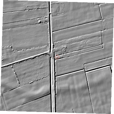 Shaded relief map of the ground around PE134LH, computed from Environment Agency LiDAR. The ground here sits at about 1 m above sea level and falls 4 m across the surrounding 800 m. Surface water reaching this point runs off ground lying to the west-north-west, 2.5 m higher.