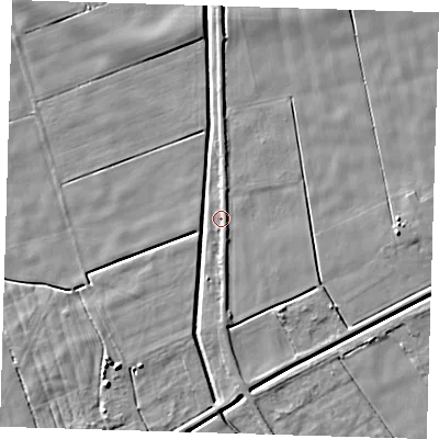 Shaded relief map of the ground around PE134LJ, computed from Environment Agency LiDAR. The ground here sits at about 1 m above sea level and falls 5 m across the surrounding 800 m. Surface water reaching this point runs off ground lying to the south-east, 2.9 m higher.