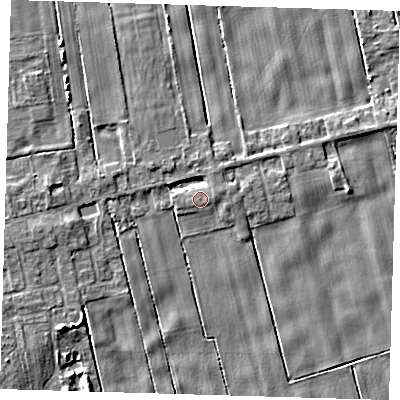 Shaded relief map of the ground around PE134LL, computed from Environment Agency LiDAR. The ground here sits at about 2 m above sea level and falls 4 m across the surrounding 800 m. The ground contributing surface water to this point lies to the east.
