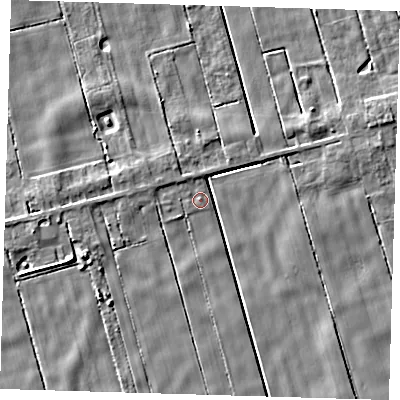 Shaded relief map of the ground around PE134LN, computed from Environment Agency LiDAR. The ground here sits at about 1 m above sea level and falls 5 m across the surrounding 800 m. Surface water reaching this point runs off ground lying to the north, 1.1 m higher.