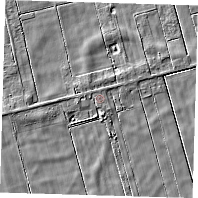 Shaded relief map of the ground around PE134LP, computed from Environment Agency LiDAR. The ground here sits at about 2 m above sea level and falls 5 m across the surrounding 800 m. Surface water reaching this point runs off ground lying to the west-south-west, 2.2 m higher.
