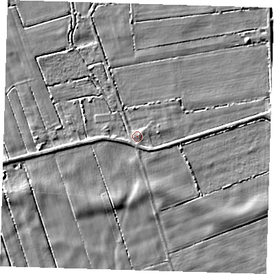 Shaded relief map of the ground around PE134LQ, computed from Environment Agency LiDAR. The ground here sits at about 2 m above sea level and falls 4 m across the surrounding 800 m. Surface water reaching this point runs off ground lying to the south-east, 1.2 m higher.