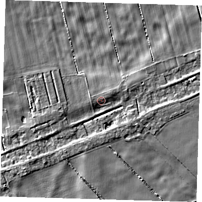 Shaded relief map of the ground around PE134LR, computed from Environment Agency LiDAR. The ground here sits at about 3 m above sea level and falls 5 m across the surrounding 800 m. Surface water reaching this point runs off ground lying to the north-east, 1.8 m higher.