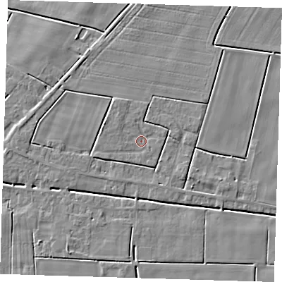 Shaded relief map of the ground around PE134LX, computed from Environment Agency LiDAR. The ground here sits at about 2 m above sea level and falls 5 m across the surrounding 800 m. Surface water reaching this point runs off ground lying to the west-north-west, 1.5 m higher.