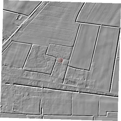 Shaded relief map of the ground around PE134NA, computed from Environment Agency LiDAR. The ground here sits at about 2 m above sea level and falls 4 m across the surrounding 800 m. Surface water reaching this point runs off ground lying to the south, 1.0 m higher.