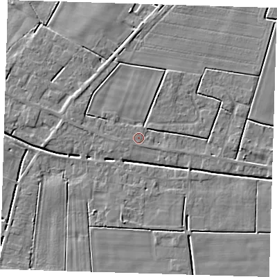 Shaded relief map of the ground around PE134NB, computed from Environment Agency LiDAR. The ground here sits at about 2 m above sea level and falls 4 m across the surrounding 800 m. Surface water reaching this point runs off ground lying to the west-north-west, 1.5 m higher.