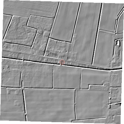 Shaded relief map of the ground around PE134ND, computed from Environment Agency LiDAR. The ground here sits at about 2 m above sea level and falls 5 m across the surrounding 800 m. Surface water reaching this point runs off ground lying to the west-north-west, 3.7 m higher.