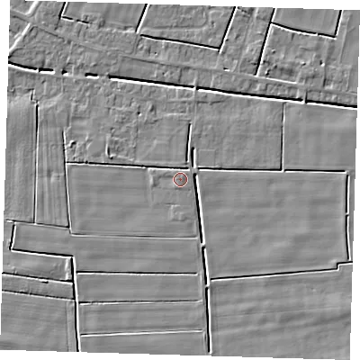 Shaded relief map of the ground around PE134NE, computed from Environment Agency LiDAR. The ground here sits at about 2 m above sea level and falls 4 m across the surrounding 800 m. Surface water reaching this point runs off ground lying to the west-north-west, 0.6 m higher.