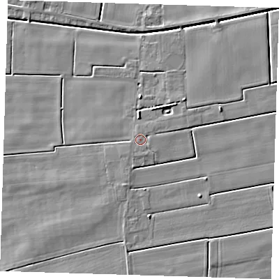 Shaded relief map of the ground around PE134NF, computed from Environment Agency LiDAR. The ground here sits at about 3 m above sea level and falls 5 m across the surrounding 800 m. The ground contributing surface water to this point lies to the south-west.