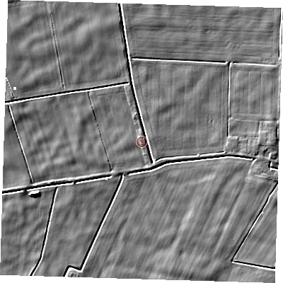Shaded relief map of the ground around PE134NH, computed from Environment Agency LiDAR. The ground here sits at about 0 m above sea level and falls 5 m across the surrounding 800 m. Surface water reaching this point runs off ground lying to the north-north-west, 0.8 m higher.
