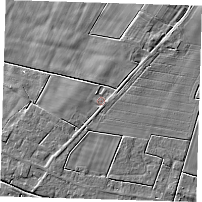Shaded relief map of the ground around PE134NJ, computed from Environment Agency LiDAR. The ground here sits at about 2 m above sea level and falls 5 m across the surrounding 800 m. Surface water reaching this point runs off ground lying to the south-west, 2.1 m higher.
