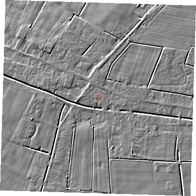 Shaded relief map of the ground around PE134NL, computed from Environment Agency LiDAR. The ground here sits at about 2 m above sea level and falls 5 m across the surrounding 800 m. Surface water reaching this point runs off ground lying to the west-north-west, 0.9 m higher.