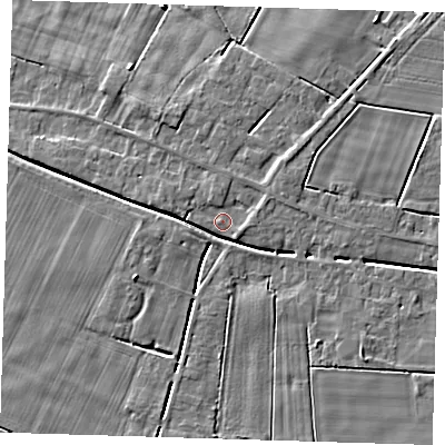 Shaded relief map of the ground around PE134NN, computed from Environment Agency LiDAR. The ground here sits at about 2 m above sea level and falls 5 m across the surrounding 800 m. Surface water reaching this point runs off ground lying to the east-north-east, 1.4 m higher.