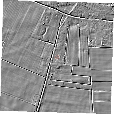 Shaded relief map of the ground around PE134NP, computed from Environment Agency LiDAR. The ground here sits at about 2 m above sea level and falls 6 m across the surrounding 800 m. Surface water reaching this point runs off ground lying to the south, 1.0 m higher.