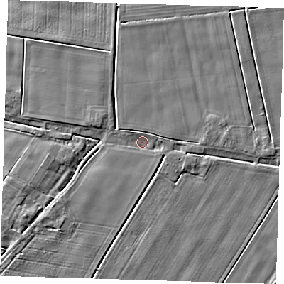 Shaded relief map of the ground around PE134NQ, computed from Environment Agency LiDAR. The ground here sits at about 2 m above sea level and falls 4 m across the surrounding 800 m. Surface water reaching this point runs off ground lying to the south-south-east, 1.2 m higher.