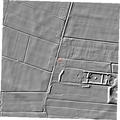 Shaded relief map of the ground around PE134NR, computed from Environment Agency LiDAR. The ground here sits at about 2 m above sea level and falls 5 m across the surrounding 800 m. Surface water reaching this point runs off ground lying to the east-south-east, 1.4 m higher.