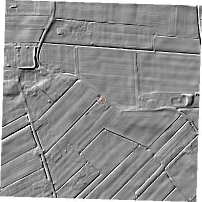 Shaded relief map of the ground around PE134NS, computed from Environment Agency LiDAR. The ground here sits at about 3 m above sea level and falls 4 m across the surrounding 800 m. Surface water reaching this point runs off ground lying to the west-south-west, 1.2 m higher.