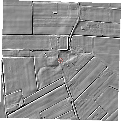 Shaded relief map of the ground around PE134NT, computed from Environment Agency LiDAR. The ground here sits at about 2 m above sea level and falls 5 m across the surrounding 800 m. Surface water reaching this point runs off ground lying to the north-west, 1.2 m higher.