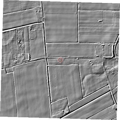 Shaded relief map of the ground around PE134NU, computed from Environment Agency LiDAR. The ground here sits at about 1 m above sea level and falls 5 m across the surrounding 800 m. Surface water reaching this point runs off ground lying to the west-south-west, 2.2 m higher.