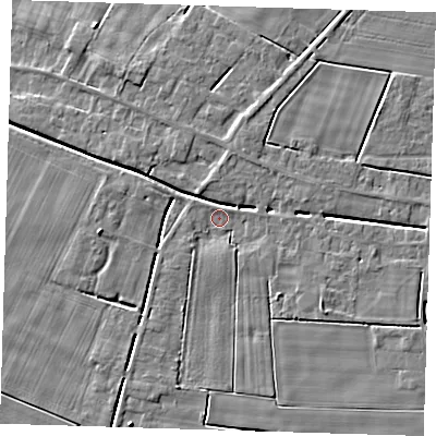 Shaded relief map of the ground around PE134NW, computed from Environment Agency LiDAR. The ground here sits at about 1 m above sea level and falls 5 m across the surrounding 800 m. Surface water reaching this point runs off ground lying to the south, 1.6 m higher.