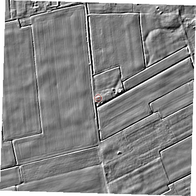 Shaded relief map of the ground around PE134NX, computed from Environment Agency LiDAR. The ground here sits at about 2 m above sea level and falls 3 m across the surrounding 800 m. Surface water reaching this point runs off ground lying to the south-south-west, 1.3 m higher.
