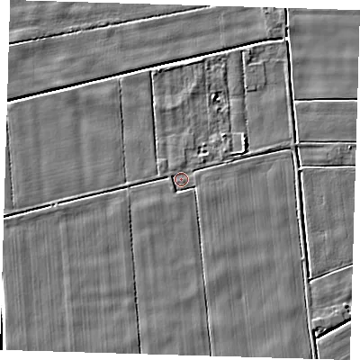 Shaded relief map of the ground around PE134PA, computed from Environment Agency LiDAR. The ground here sits at about 1 m above sea level and falls 5 m across the surrounding 800 m. Surface water reaching this point runs off ground lying to the south-east, 1.3 m higher.