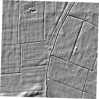 Shaded relief map of the ground around PE134PD, computed from Environment Agency LiDAR. The ground here sits at about 2 m above sea level and falls 3 m across the surrounding 800 m. Surface water reaching this point runs off ground lying to the south-south-east, 1.4 m higher.
