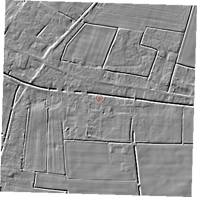 Shaded relief map of the ground around PE134PE, computed from Environment Agency LiDAR. The ground here sits at about 2 m above sea level and falls 5 m across the surrounding 800 m. Surface water reaching this point runs off ground lying to the south-south-west, 3.4 m higher.