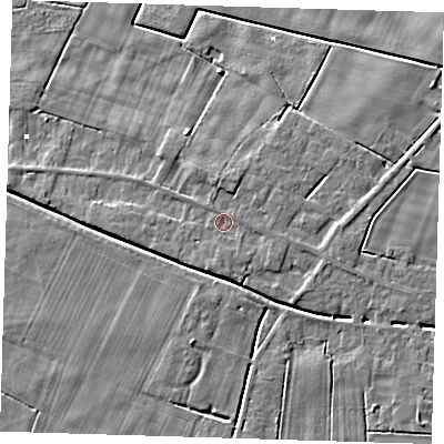 Shaded relief map of the ground around PE134PG, computed from Environment Agency LiDAR. The ground here sits at about 2 m above sea level and falls 5 m across the surrounding 800 m. Surface water reaching this point runs off ground lying to the east-south-east, 1.0 m higher.