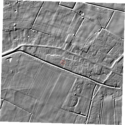 Shaded relief map of the ground around PE134PH, computed from Environment Agency LiDAR. The ground here sits at about 2 m above sea level and falls 5 m across the surrounding 800 m. Surface water reaching this point runs off ground lying to the east-south-east, 0.7 m higher.