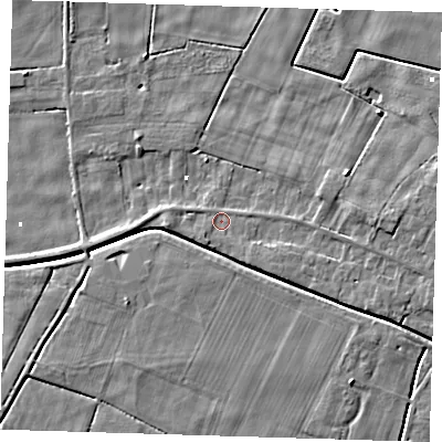Shaded relief map of the ground around PE134PJ, computed from Environment Agency LiDAR. The ground here sits at about 1 m above sea level and falls 5 m across the surrounding 800 m. Surface water reaching this point runs off ground lying to the east-south-east, 2.4 m higher.