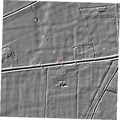 Shaded relief map of the ground around PE134PL, computed from Environment Agency LiDAR. The ground here sits at about 1 m above sea level and falls 4 m across the surrounding 800 m. Surface water reaching this point runs off ground lying to the west-south-west, 2.4 m higher.
