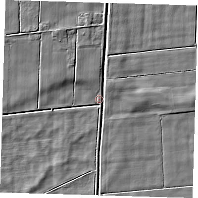 Shaded relief map of the ground around PE134PN, computed from Environment Agency LiDAR. The ground here sits at about 1 m above sea level and falls 5 m across the surrounding 800 m. Surface water reaching this point runs off ground lying to the north-east, 4.2 m higher.