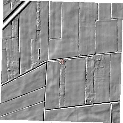 Shaded relief map of the ground around PE134PP, computed from Environment Agency LiDAR. The ground here sits at about 1 m above sea level and falls 4 m across the surrounding 800 m. Surface water reaching this point runs off ground lying to the east-north-east, 1.6 m higher.