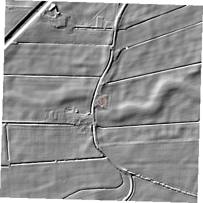 Shaded relief map of the ground around PE134PR, computed from Environment Agency LiDAR. The ground here sits at about 2 m above sea level and falls 6 m across the surrounding 800 m. The ground contributing surface water to this point lies to the north-north-west.
