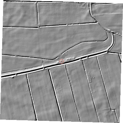 Shaded relief map of the ground around PE134PT, computed from Environment Agency LiDAR. The ground here sits at about 1 m above sea level and falls 4 m across the surrounding 800 m. Surface water reaching this point runs off ground lying to the east-north-east, 2.4 m higher.